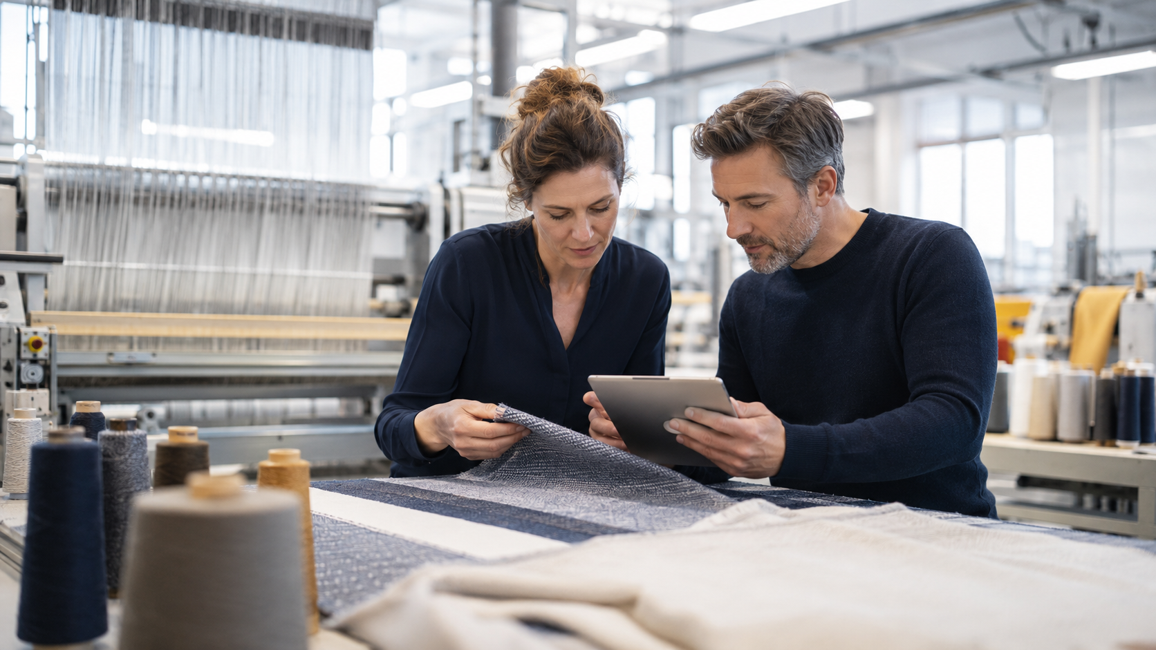 Profesionales del sector textil analizan un tejido y consultan información técnica en una planta de producción.
